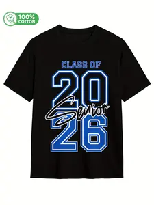 Class of 2026 Graduation T-Shirt - Black Background with Bold Blue & White Lettering, Soft Cotton Senior Shirt for Graduation Party, Prom, College - Machine Washable Keepsake Gift for 2026 Grads, Casual Wear, Round Neckline Tee, Comfortable Fit