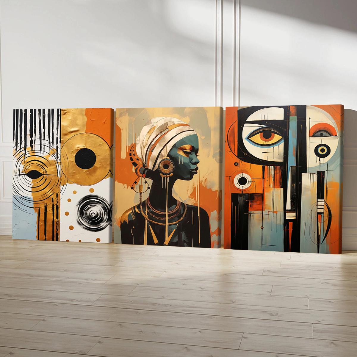 3Pcs Wooden Framed Canvas Painting, African Woman Abstract Geometric Shapes Gold Orange, Exquisite Poster, Home Decoration, Pattern Wall Art Decor, For Living Room, Bedroom, Office, Restaurant, Bar Wall Decor, Odorless, Painting, Print Artwork