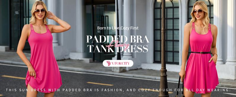 V FOR CITY Womens Summer Dresses with Built in Bra Double Spaghetti Strap Beach Dress Scoop Neck Sundresses with Pockets