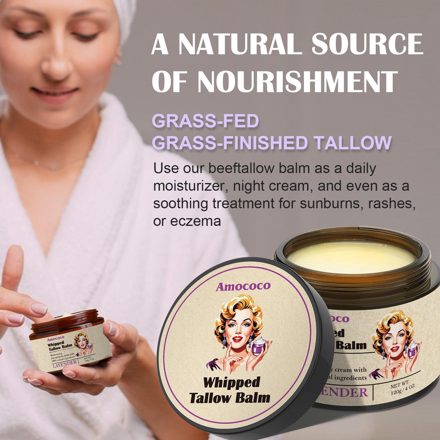 Tallow Cream 100% Natural Moisturizing Face and Body Cream That Soothes, Nourishes, Firms and Hydrates The Skin With Lavender and Vanilla Scents in Vintage Packaging.