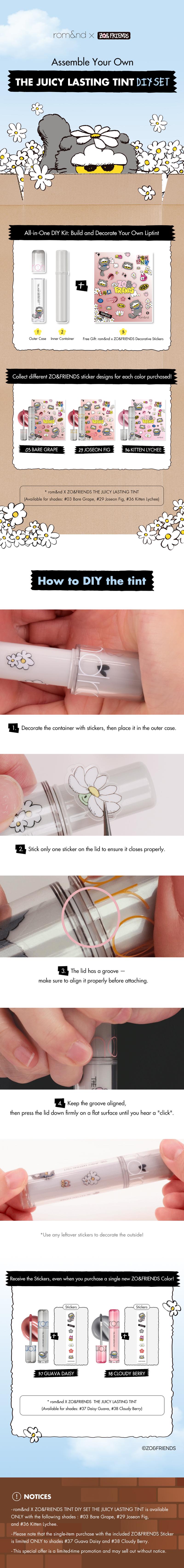 [rom&nd Official Shop] rom&nd X ZO&FRIENDS (ZOA TINT DIY SET, THE JUICY LASTING TINT, GLASTING MELTING BALM, GLASTING COLOR GLOSS, DUAL JELLY HIGHLIGHTER, JUICY ROLL CHEEK & MINI PUFF SET)