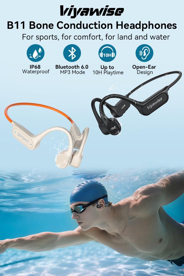 [2025 New Arrival] Viyawise B11 Bone Conduction Headphones, IP68 Waterproof Earbuds for Swimming, 32GB & Bluetooth 6.0 Wireless Underwater Open Ear Headphones with Mic for Sport