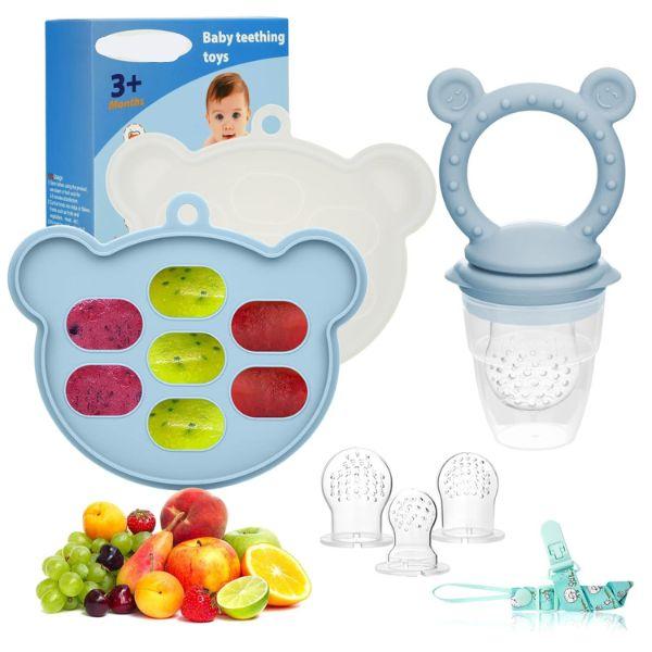 Baby Breastmilk Popsicle Molds & Fruit Feeder (2 Pack), Silicone Baby Food Freezer Tray Storage Containers, Infant Teething Pacifier Feeder and Teether Toys for Babies - Sky Blue