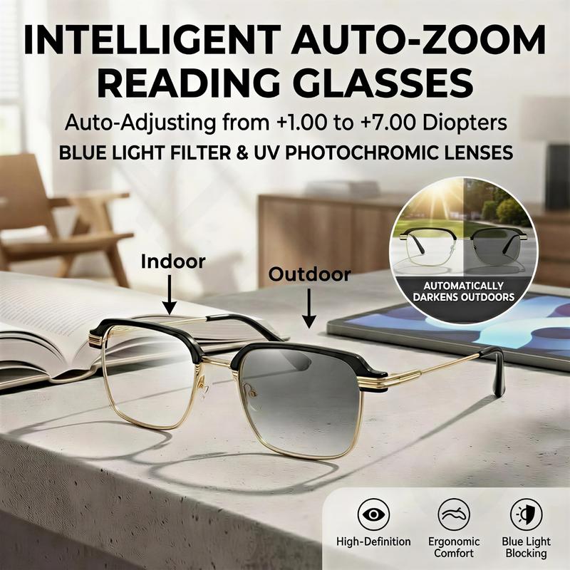 Frameless Smart Zoom Reading Glasses for Men & Women, UV Sun Readers, Computer Anti Blue Light Glasses, Progressive Photochromic Multifocus, Automatic Diopter Adjustment, High-Definition Vision, Blue Light Filter, Ergonomic Design, Soft Silicone Nose Pads