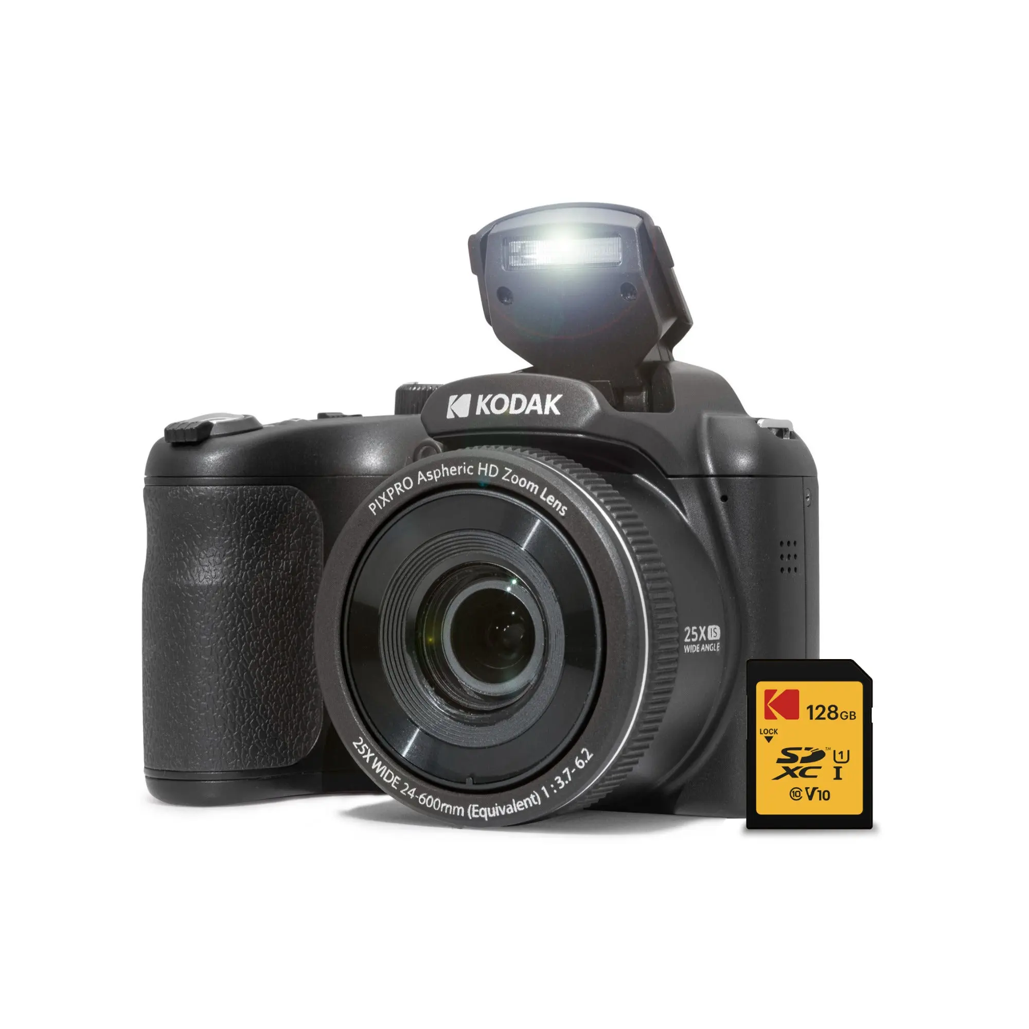 Kodak PIXPRO AZ255 Astro Zoom Digital Camera (Black) - 16MP, 25x Zoom Lens, 24mm Focal Length, 1080p Video, LCD Display, 128GB Storage Capacity SDXC Card for Adventures, Memory, Built-In