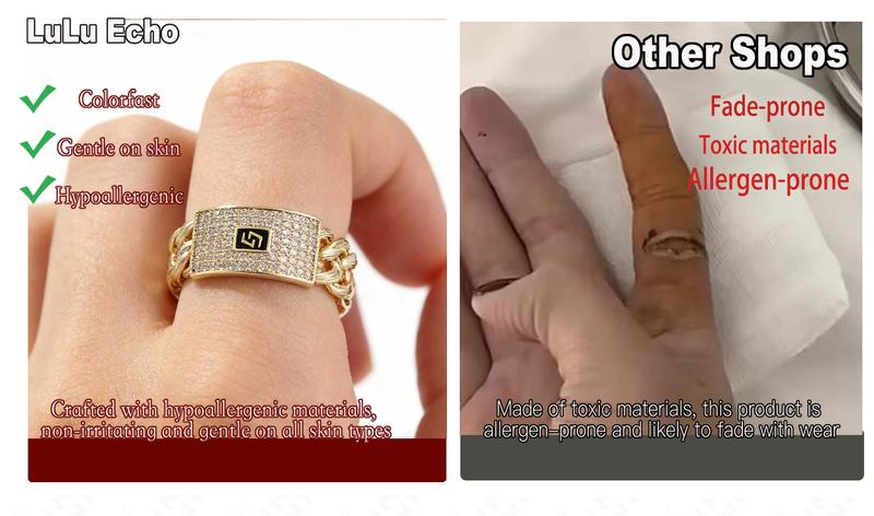 LuLuEcho 14K Gold Plated Iced Out Cuban Link Ring - Bling Initial "S" Zircon Ring for Men - Hip Hop Streetwear Jewelry