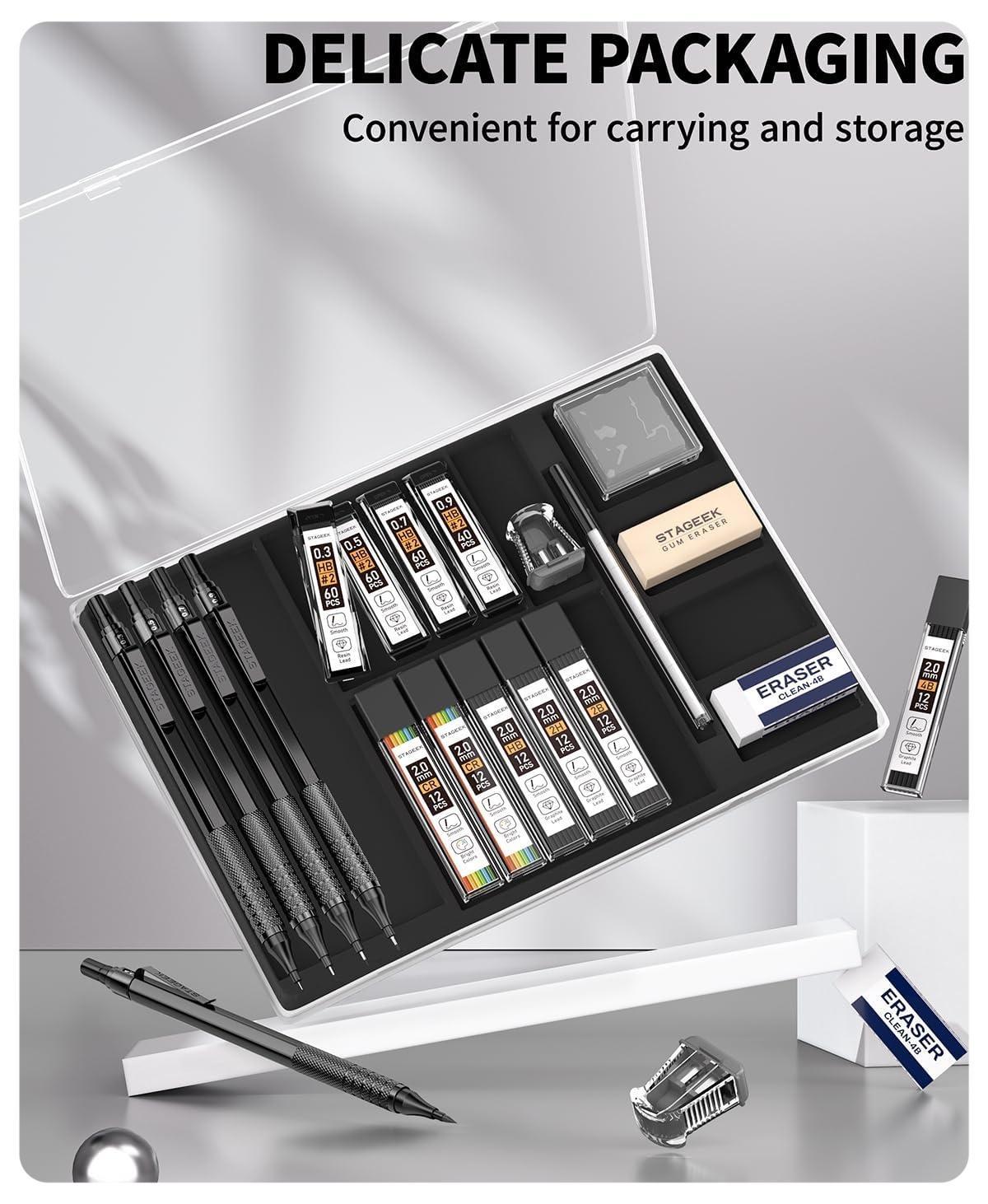 STAGEEK 21PCS Metal Mechanical Pencil Set, Art Lead Pencil 0.3, 0.5, 0.7, 0.9, 2mm Lead Holder(HB 2H 2B 4B Color) with 10 Tubes Graphite Lead Refills Eraser with Case for Drafting Drawing Sketching