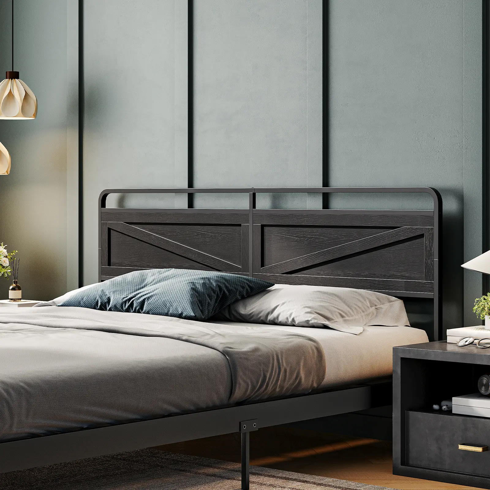 HOOBRO Wooden Panel Headboard, King Headboard, Minimalist Headboard with Metal Frame, Height Adjustable, Headboard with Bed Frame Adapter, Black