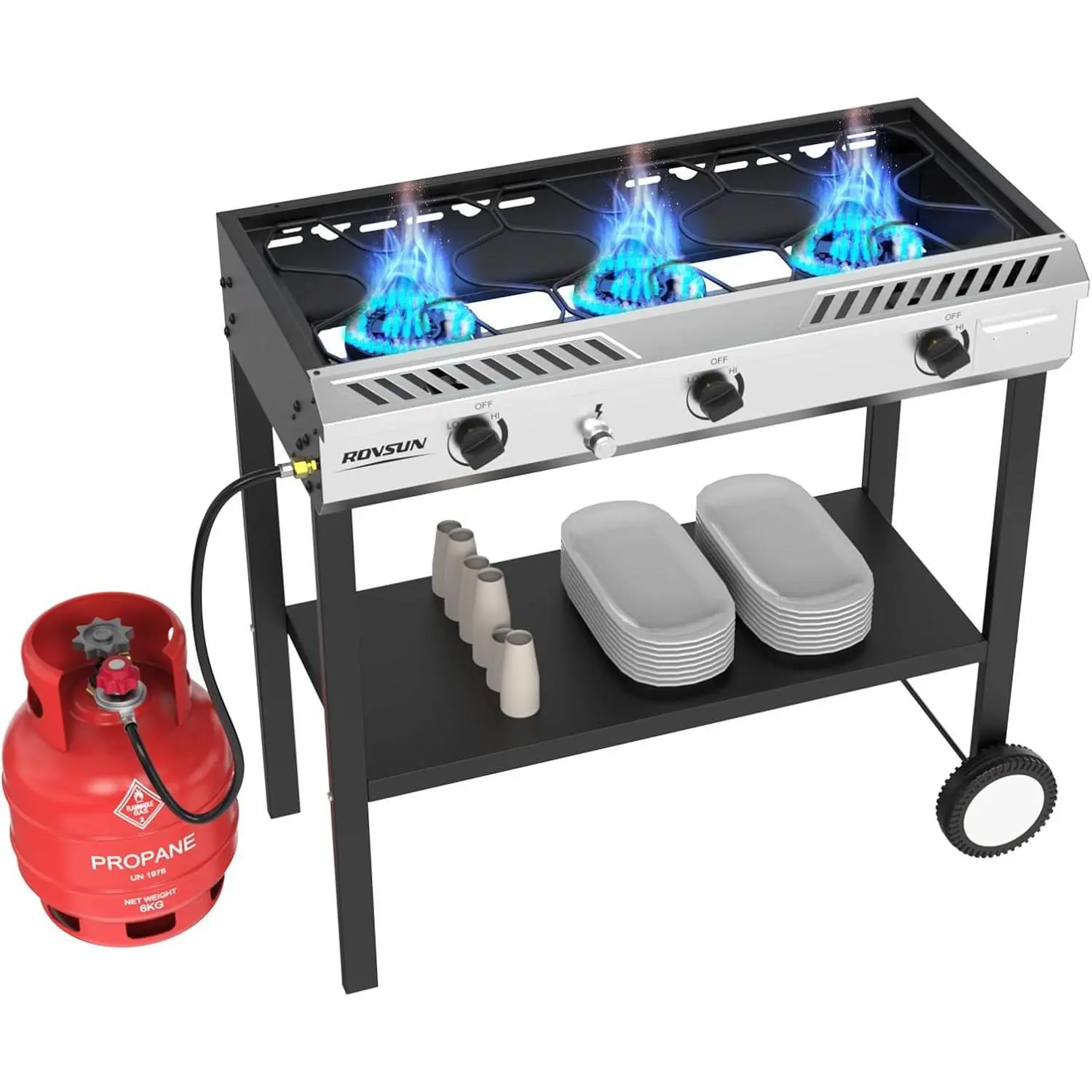 ROVSUN 2/3 Burner Outdoor Propane Burner with Ignition & Regulator, 150,000/225,000 BTU Powerful & Portable Gas Stove Outdoor Stand Cooker for Backyard Patio Cooking Home Camping Brewing Canning Turkey Frying