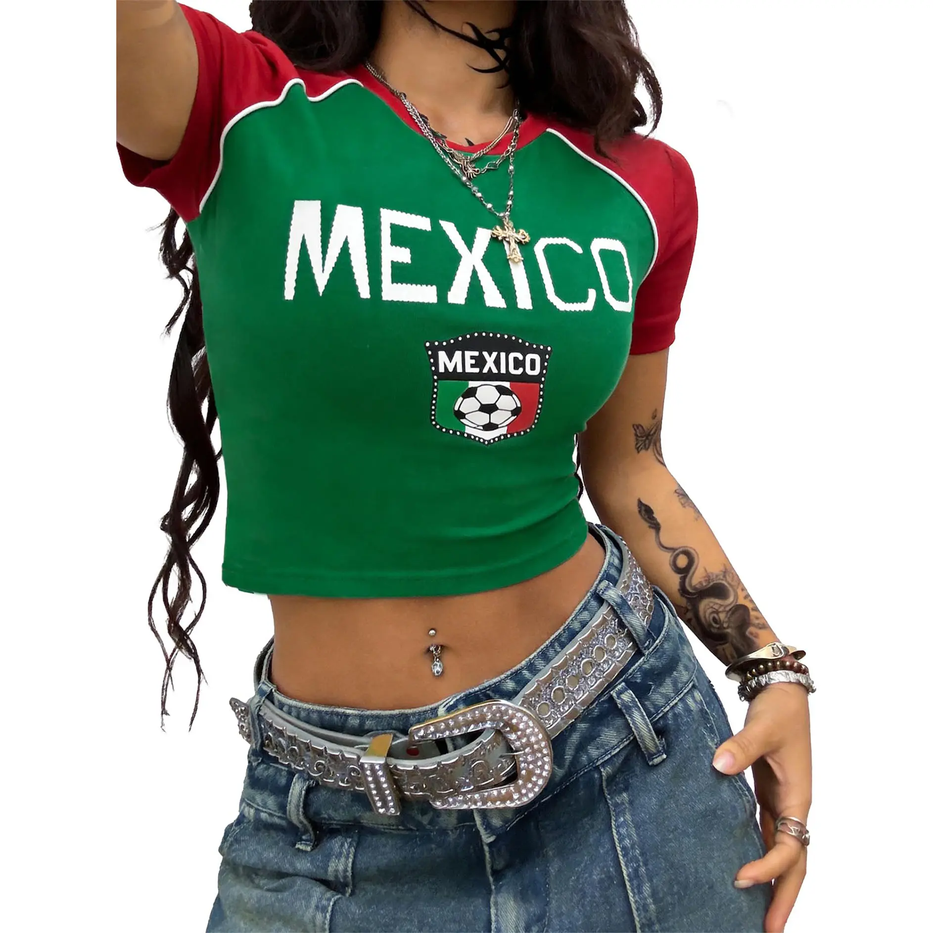 Mexico Baby Tee Y2K Aesthetic Mexico Soccer Jersey Crop Top | Retro 2000s Graphic Summer Shirt for Women & Cute Going Out Tops