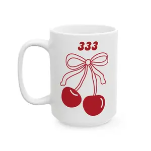 333 Angel Number Cherries Coffee Mug – Coquette Bow Minimal | Kawaii Coffee Mug | 11oz 15oz White Ceramic,Cute Coquette Aesthetic Coffee Cup with Kawaii Cherries Design, Minimalist Spiritual Angel Number Mug