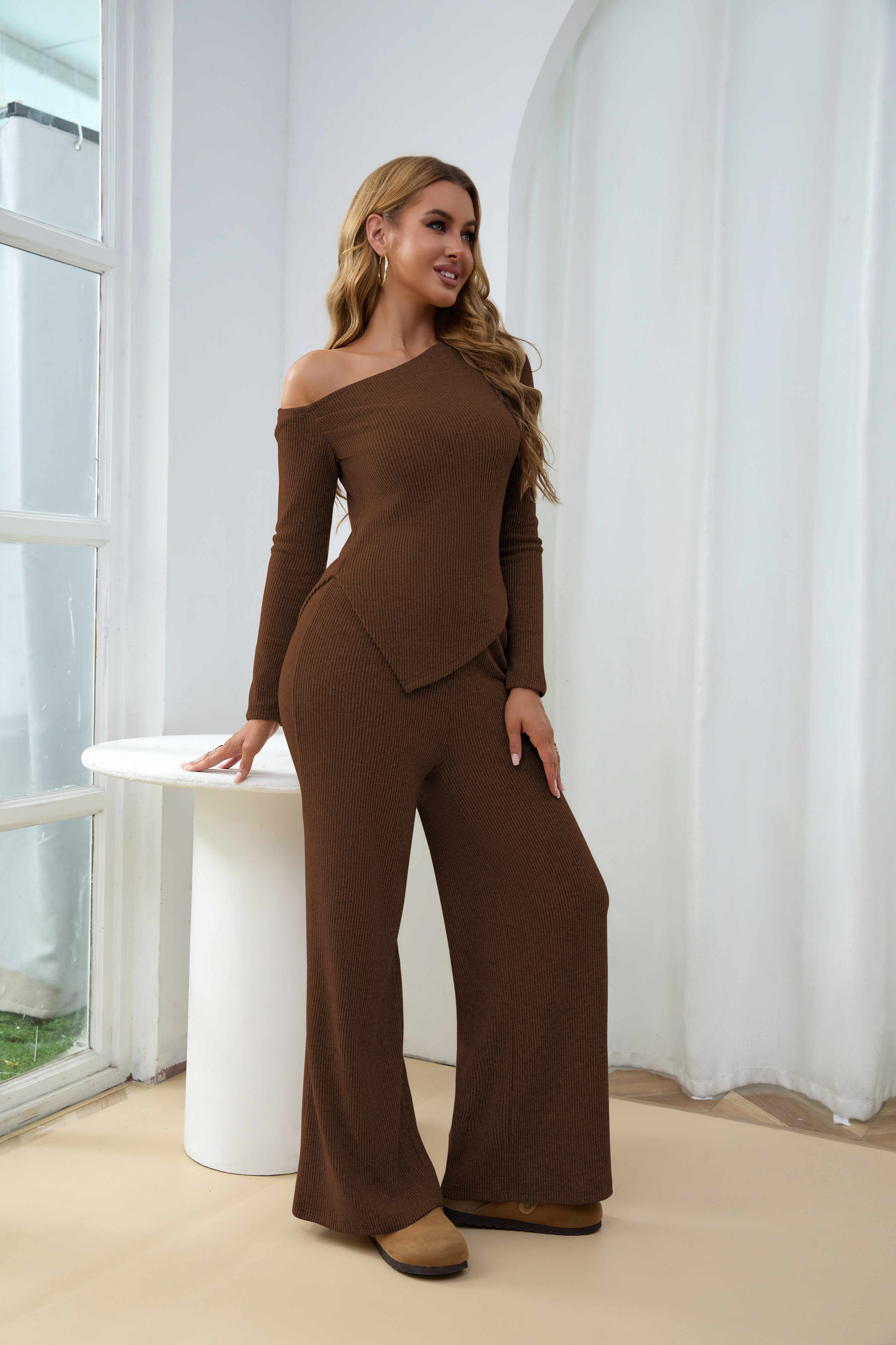 USBoutique Chic Sherpa Set for Women Asymmetric Shoulder Top & High Waist Wide Leg Pants Soft Winter Outfit Beige Color Womenswear Clothes Suits Trouser