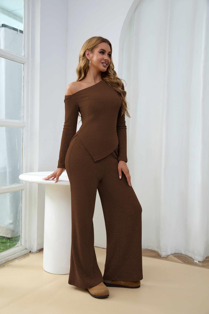 USBoutique Chic Sherpa Set for Women Asymmetric Shoulder Top & High Waist Wide Leg Pants Soft Winter Outfit Beige Color Womenswear Clothes Suits Trouser