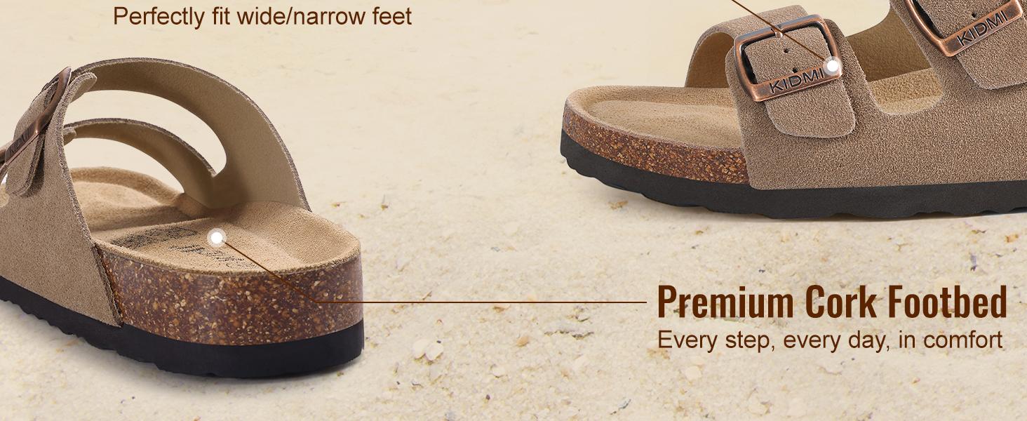 KIDMI Womens Flat Sandals Summer Sandals Arch Support Cork Footbed Slide Sandals with Double Adjustable Buckle for Women Men Outood Beach Sandals