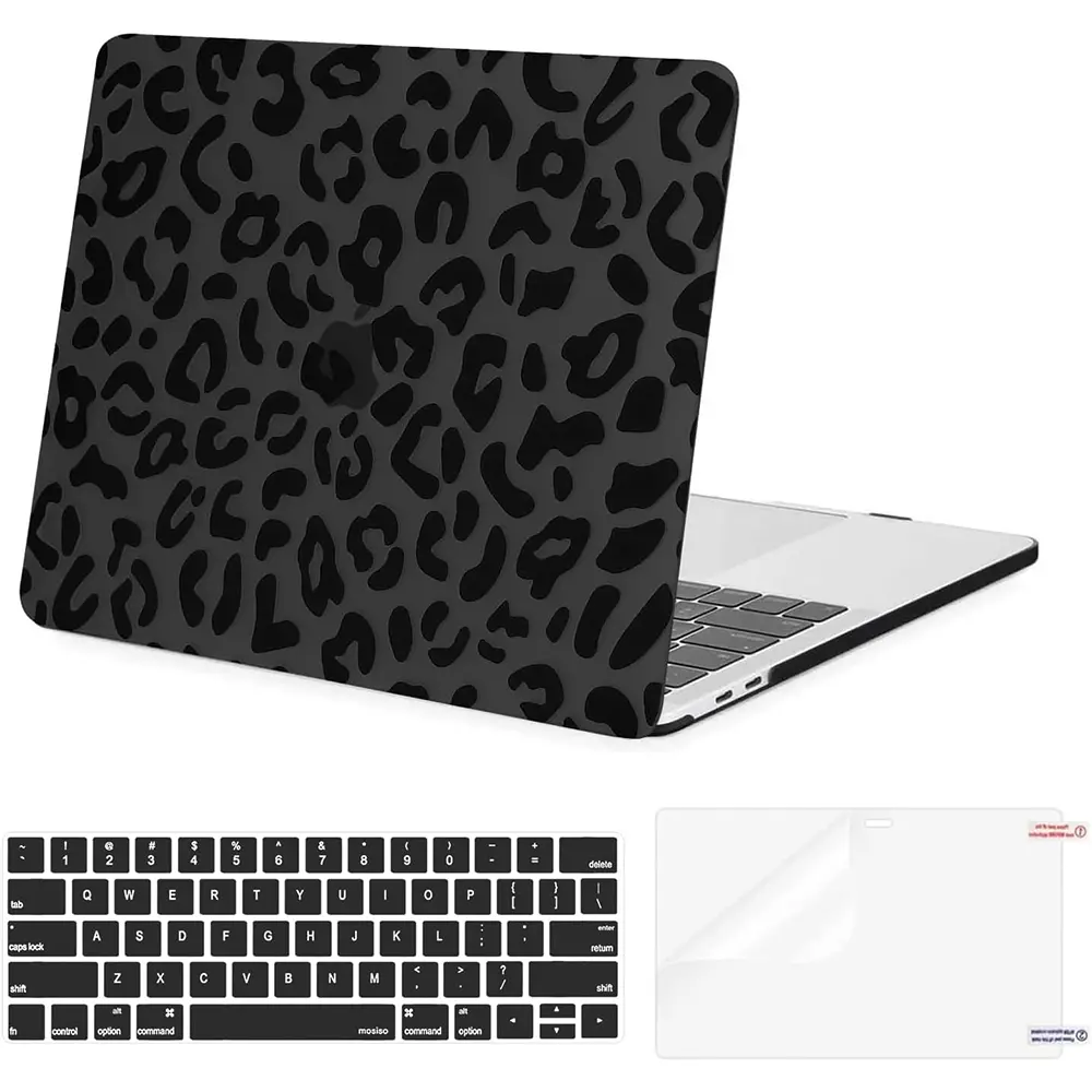 MOSISO 13 Inch Water Resistant Flexible Animal Print Plastic Leopard Grain Hard Case with Keyboard Cover & Screen Protector for MacBook Pro (M2 2025-2022, M1 2021-2016, A2338 A2251 A2289 A2159 A1989 A1708 A1706) for Study & Office Use, Black-【Compatible W