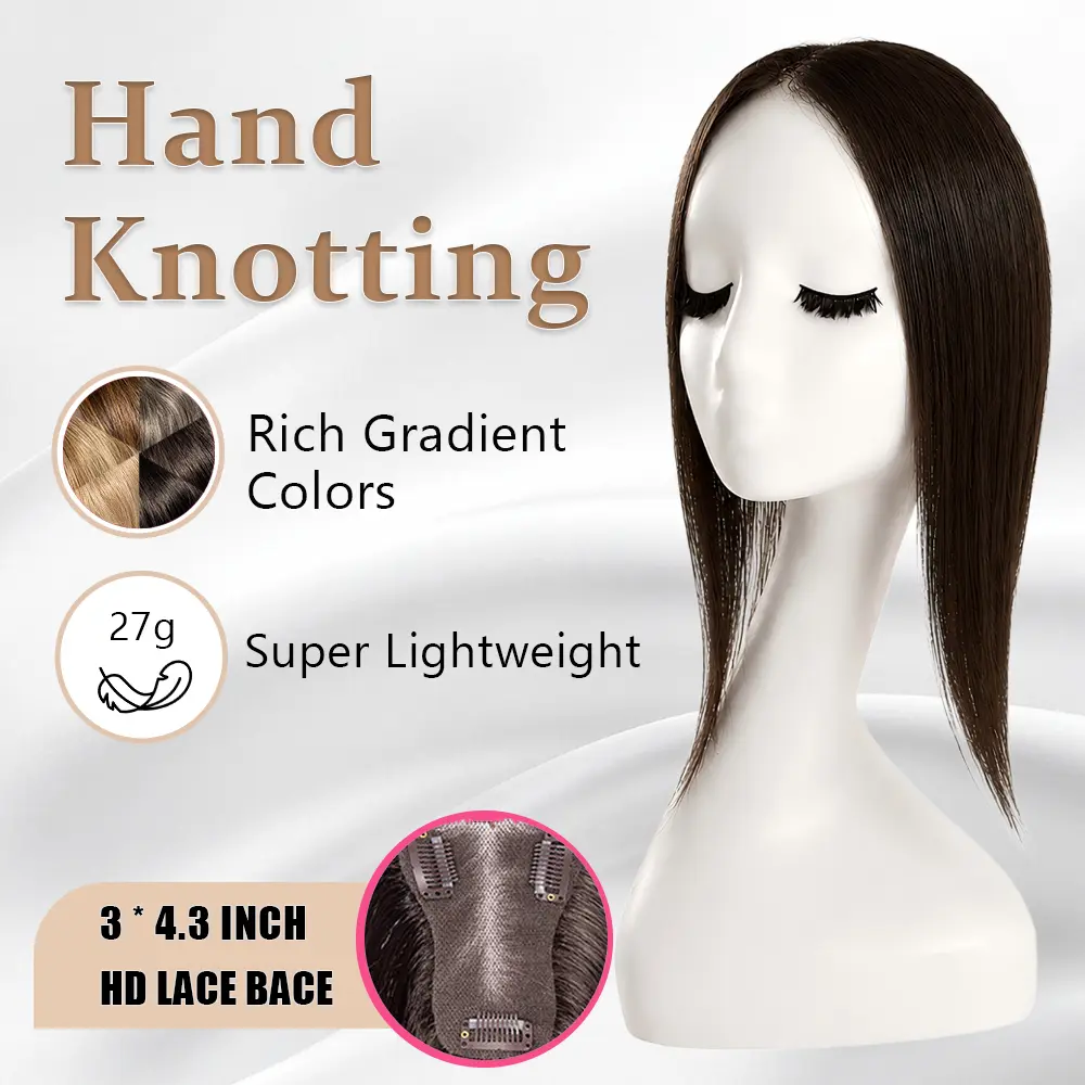 EC 27g Ultra-Light Synthetic Hair Topper for Women - 14in Free Parting, 7.5×11cm Hand-Knotted Breathable Lace Base, No-Glue No-Sew, Natural-Looking Crown Coverage, Gray Root Coverage & Instant Volume for Thinning Hair