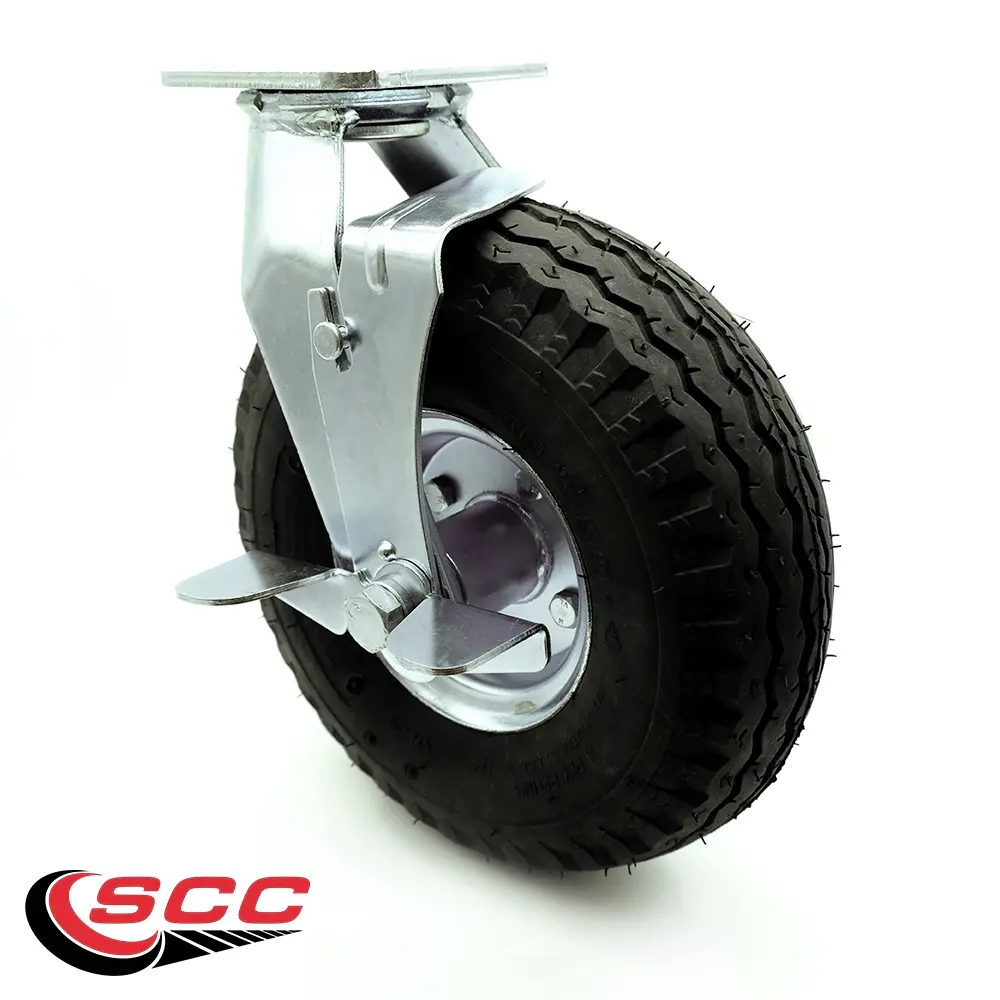 Service Caster SCC-100S3504-PNB-TLB 10 in. Swivel Pneumatic Caster Black Rubber Wheel & Top Lock Brake Heavy Duty Caster