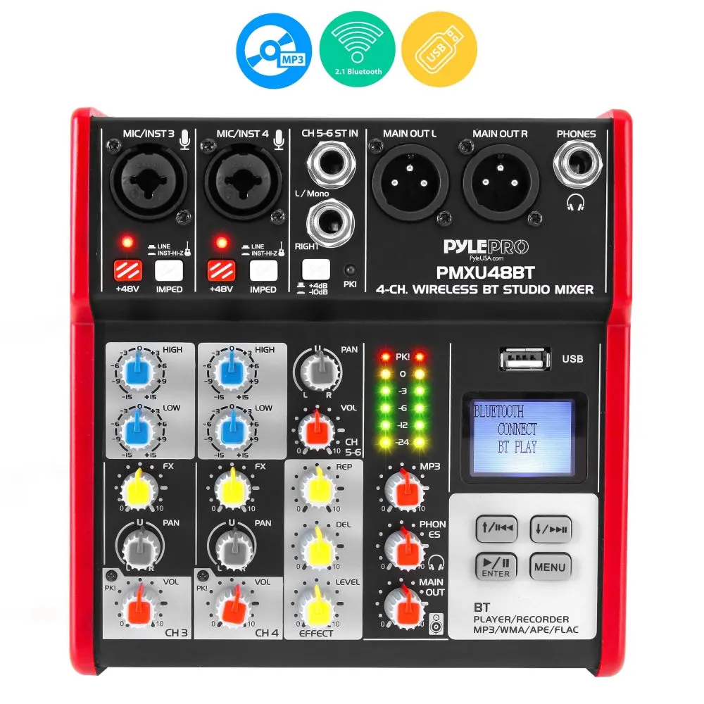 4-Channel Digital Wireless Bluetooth DJ Mixer Controller - Pro Audio Stereo Device with USB Interface, Phantom Power, LCD, Adapter, Streaming Connection, Adjustable Settings, Compatible with Guitar, Keyboard, Smartphone, Podcast Setup