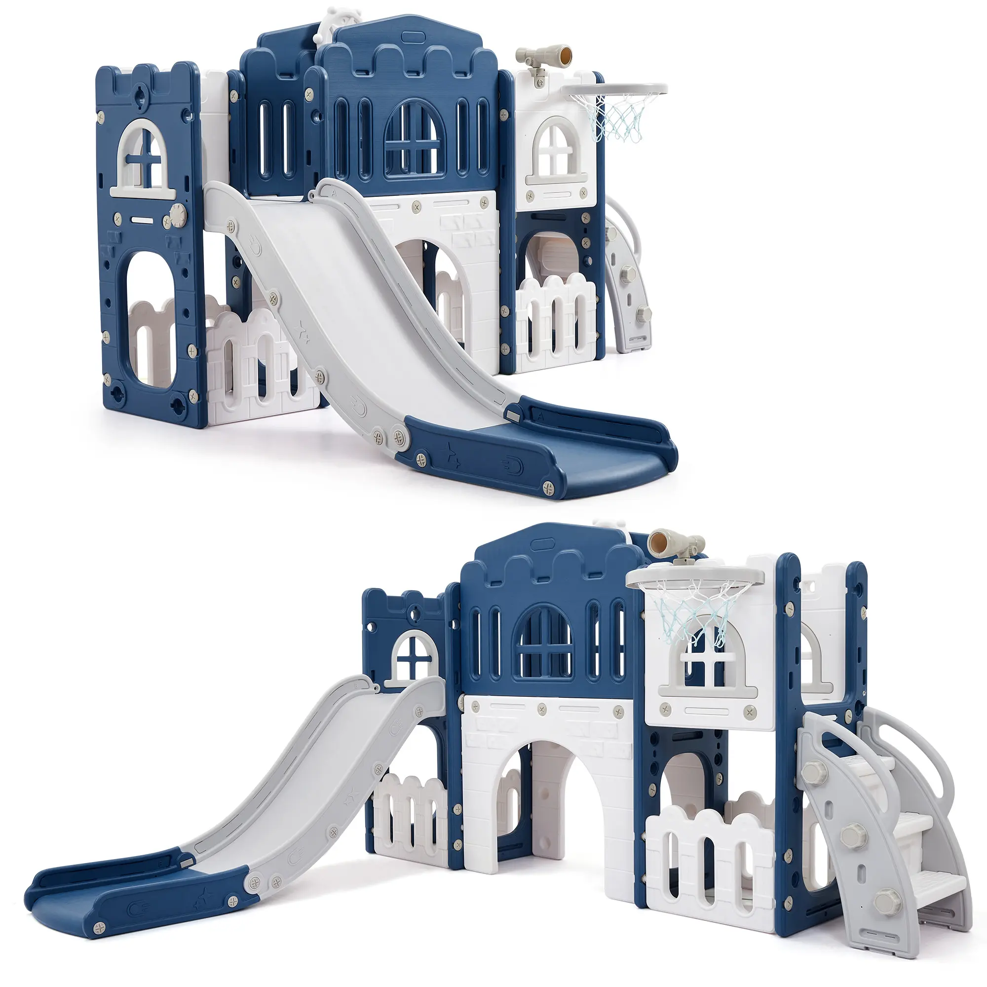 8-in-1 Toddler Slide Play Set, suitable for kids aged 1-3, combines climber, crawling tunnel, basketball hoop, telescope and toy storage for indoor and outdoor use