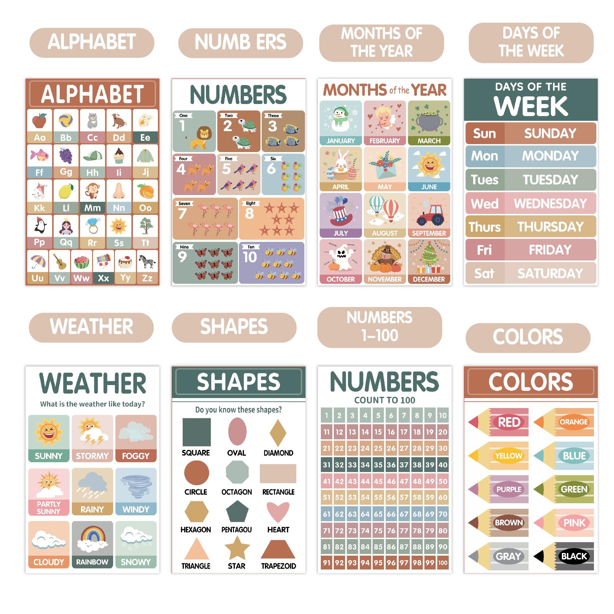 18 Modern Bohemian Educational Posters for Preschoolers Laminated Preschool and Kindergarten Learning Charts for Toddlers Homeschool Classroom Decorations for Children's Walls 18 Modern Bohemian Educational Posters for Preschoolers Laminated Preschool and Kindergarten Learning Charts for Toddlers Homeschool Classroom Decorations for Children's Walls