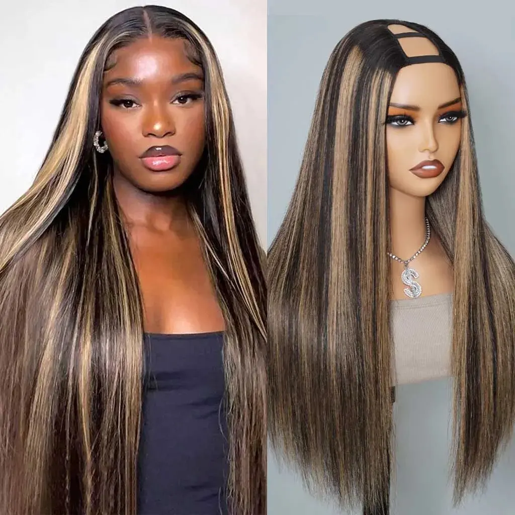 Mscoco Hair U Part Wig 100% Brazilian Remy Loose Body Wave Straight Wig for Black Women Natural Black Color Human Hair Extensions High Quality Bouncy Soft Comfortable Easy Install No Smell Tangle Free Shedding Free
