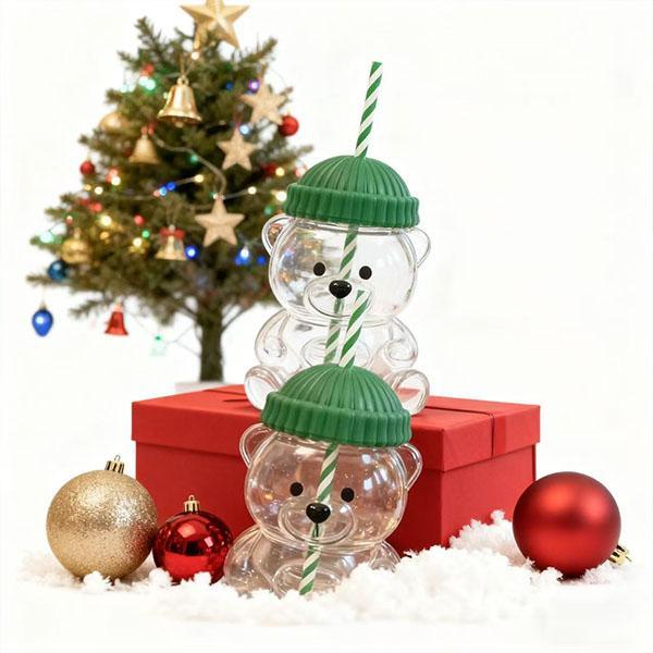 Viral Bearista Cold Cup for 2026 Holiday Collection Nostalgia Cute Bear Cup With Striped Straw 20oz High-Quality Glass Mug for Coffee Beers Wine Cocktail Drinks Teddy Bears Cup With Green Beanie-Style Lid