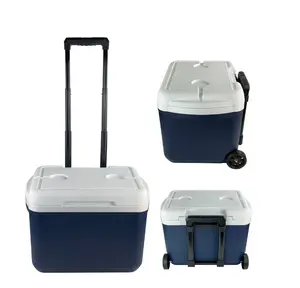 30 Quart Capacity Hard Side Wheeled Cooler 42 Can Blue with Telescopic Handle Integrated Wheels and Cup Holders on Lid for Outdoor Adventures