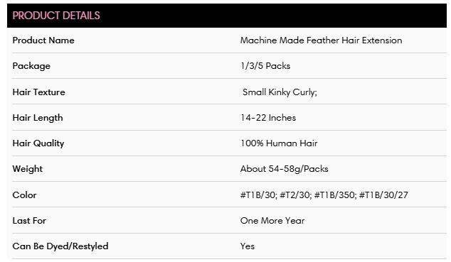 QVR #T1B/30/350 Crochet Hair Small Kinky Curly Machine Made Feather Human Hair Extension TikTokShopBlackFriday