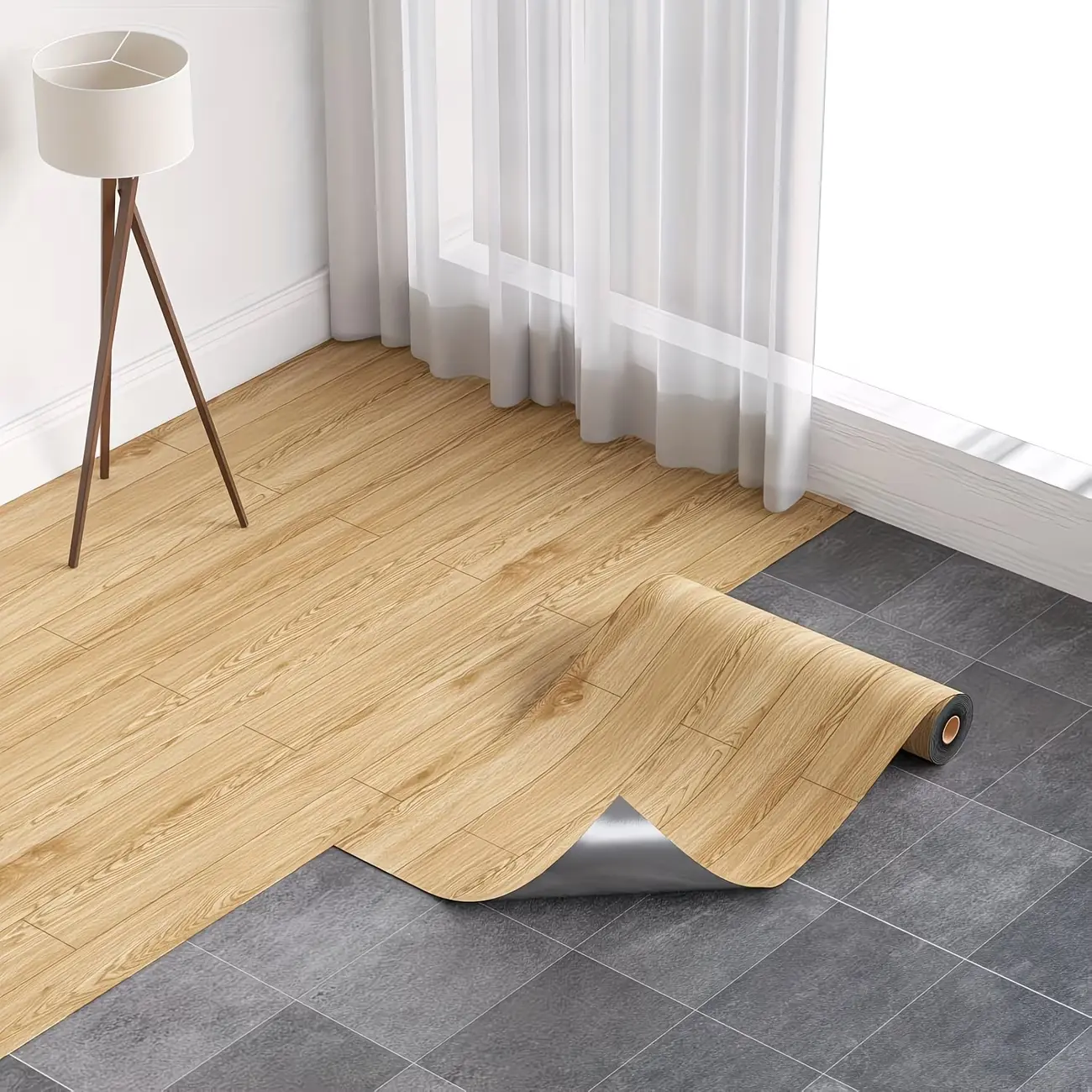 Peel and Stick Vinyl Flooring Roll - 12.9 Sq Ft Rectangular, 3D Textured Wood Look Self-Adhesive, Water-Resistant DIY Install for Home Decor Countertops