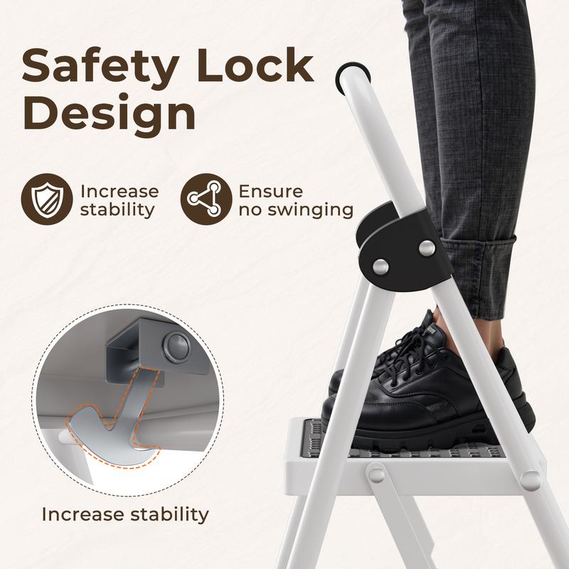 Flycity  2-step ladder, 2-step stool, adult folding step stool, with soft padded handle, wide anti-slip platform with ergonomic design. Adult portable step stool, multi-purpose for home, kitchen, office.