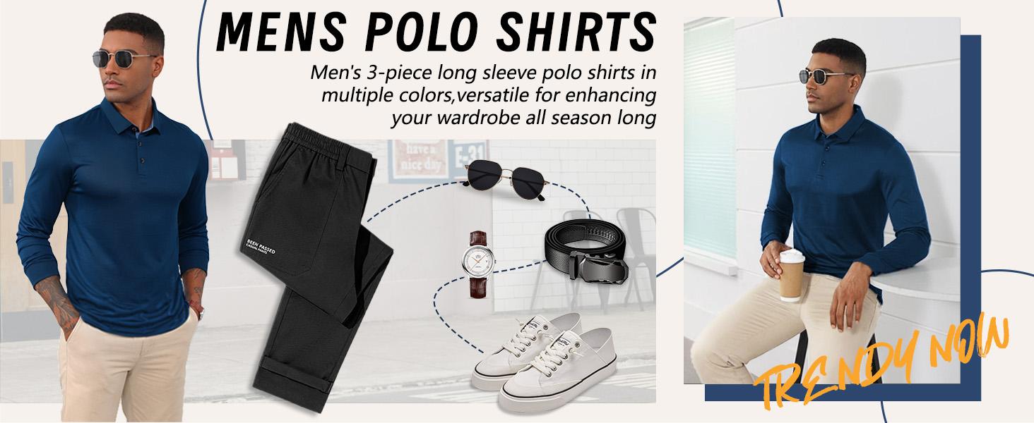 ZITY Long Sleeve Polo Shirts for Men 3 Pack Collared Performance Golf Polos Mens Casual Shirts Moisture Wicking Workwear