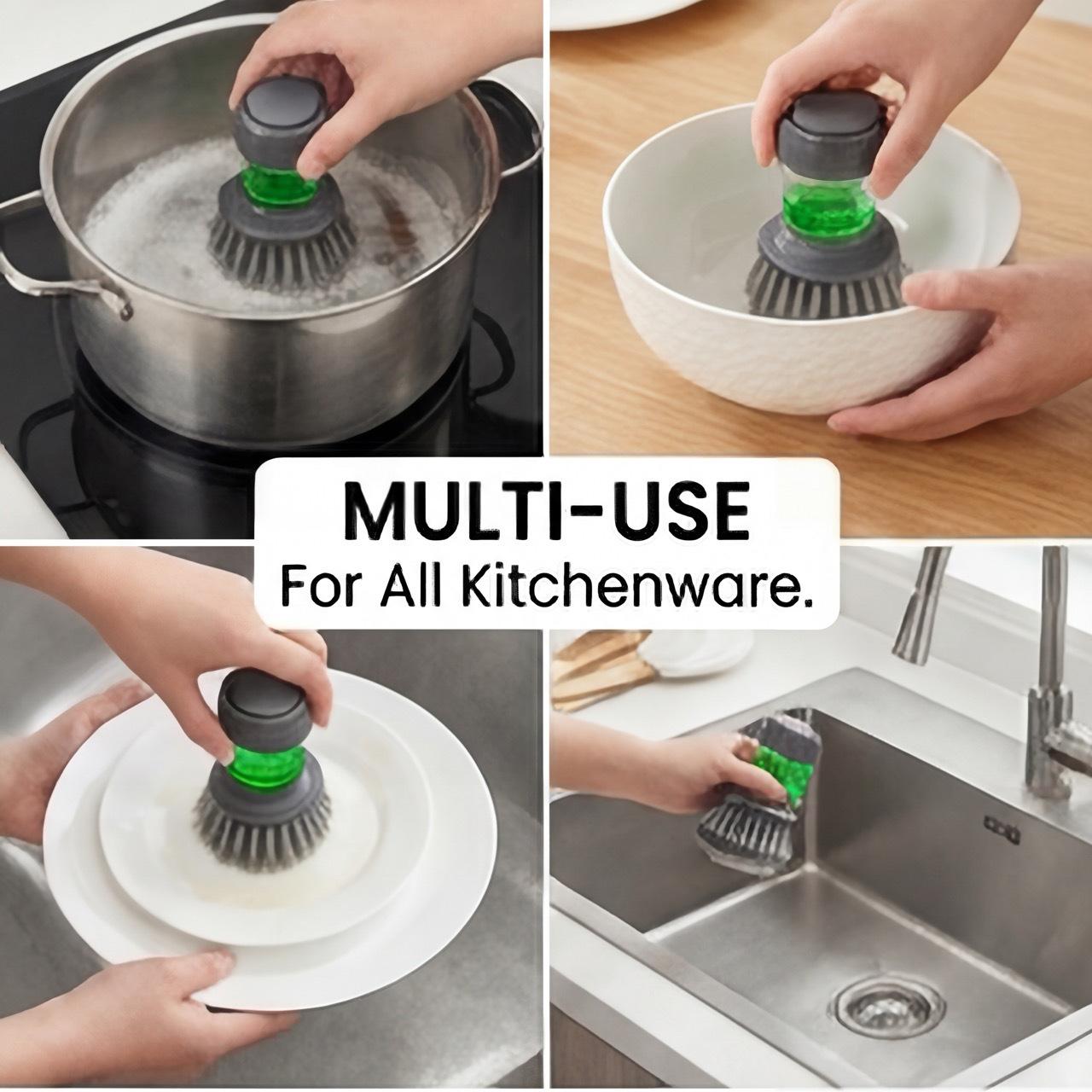 Home Kitchen Storage Set Soap Dispensing Palm Brush, Durable and Scratch-Resistant, Kitchen Brush for Cookware, Dish and Sinks, Scrub Brush for Kitchen cleaning (Set of Brush and Holder Tray),household essentials,kitchen