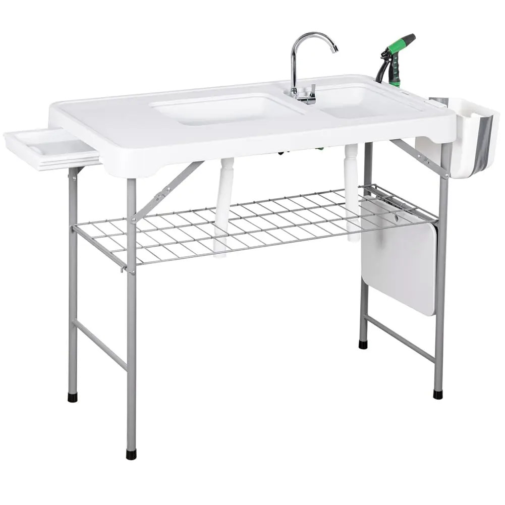 Heavy Duty Portable Folding Fish Cleaning Table with Built-in Washbasin, Collapsible Faucet, Sprayer, Drainage Hose, Storage Box & Knife Slots – Outdoor Picnic Fillet Station for Patio, Lawn & Garden, Outdoor Furniture Set, Stainless Steel, Collapsible Si