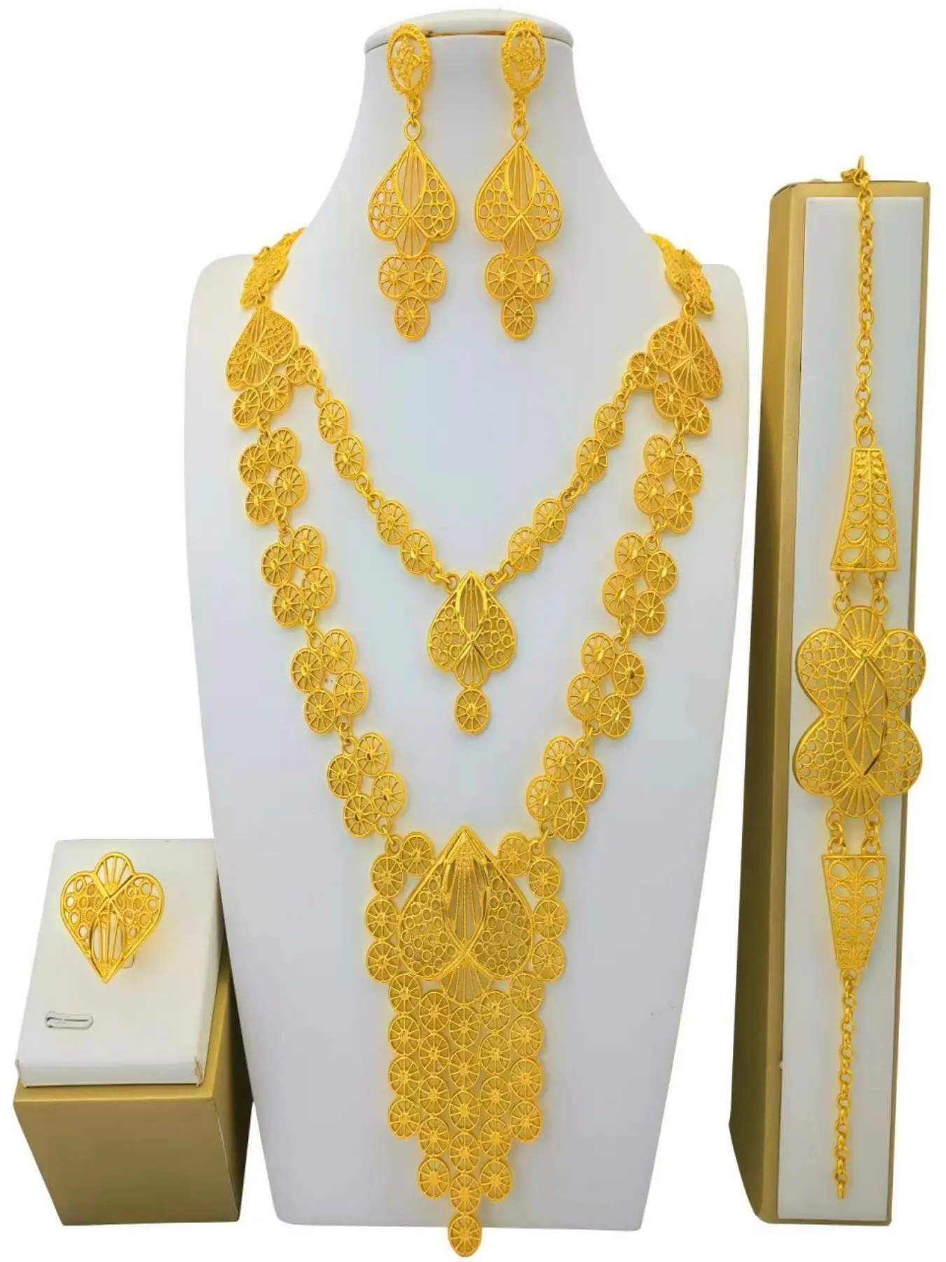 Luxurious Dubai Bestseller Bride Four-Piece Wedding Jewelry Set, Boho Style Gold Plated Chain, All Seasons Bridal Accessories, Bridal Sets, Bridal Jewelry Set For Wedding, Wedding Jewelry Sets For Brides