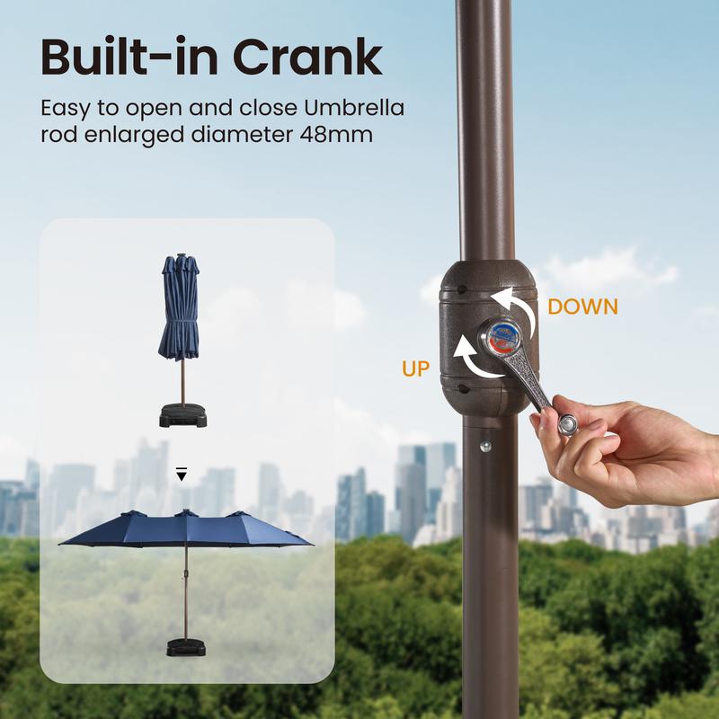 【Rainbow Lighted Umbrella & Table】Ovios 15ft Double-Sided Patio Umbrella with Solar Lights & Umbrella Hold Table, Outdoor Large Umbrellas with Crank Handle and 36 LED Lights, Rectangular Market Umbrella with Base Included for Deck Pool Shade