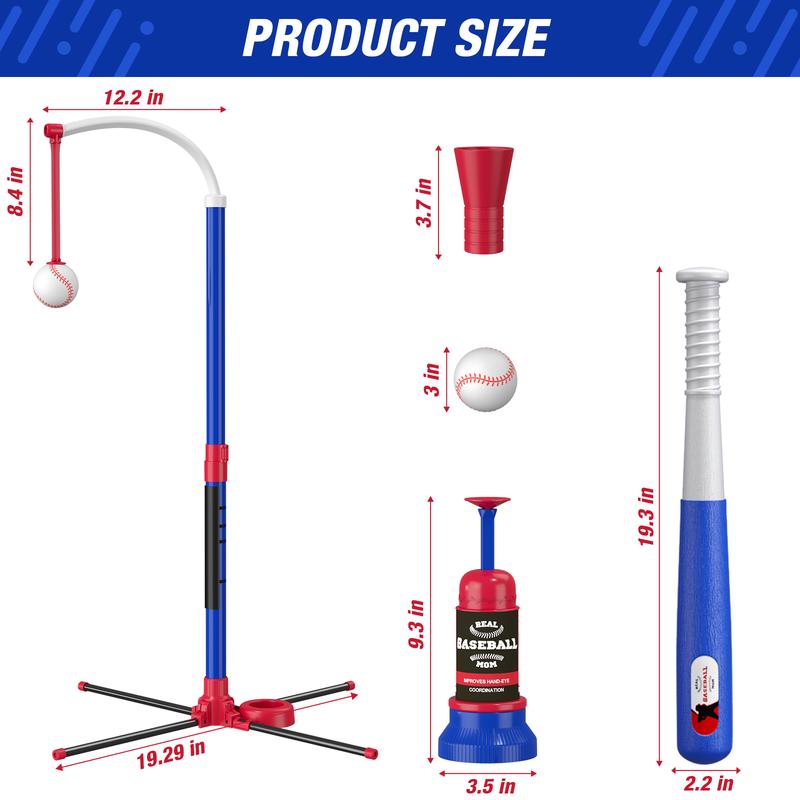 HYES 3-in-1 Baseball Set for Kids 3-5 - Tee Ball Stand, Hanging Tee, Ball Launcher and 6 Softballs - Adjustable Height, Indoor/Outdoor Sport Gifts for Boys Girls, Blue
