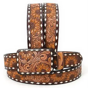 American Darling Beautifully Hand Tooled Brown Genuine Leather Belt Men and Women Western with Removable Buckle