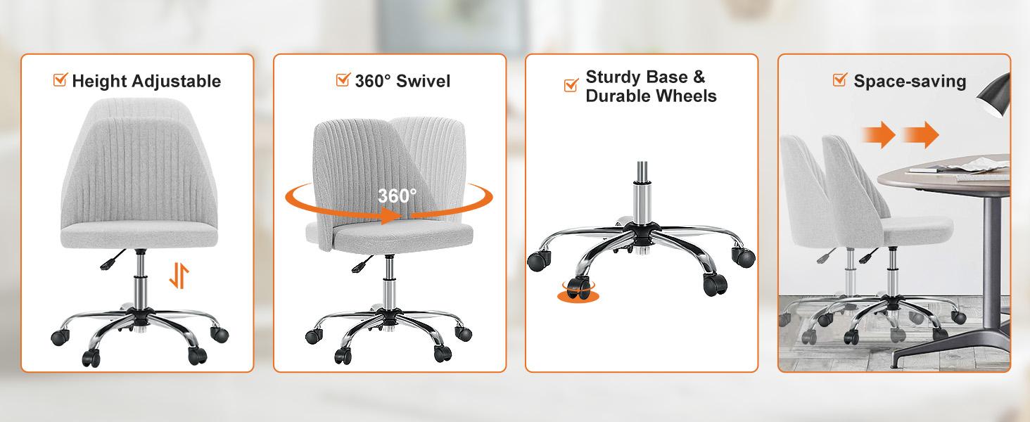 Furnest Furniture Indoor Furniture Armless Desk Chair with Wheels, Modern Design for Small Spaces, Adjustable Swivel Feature