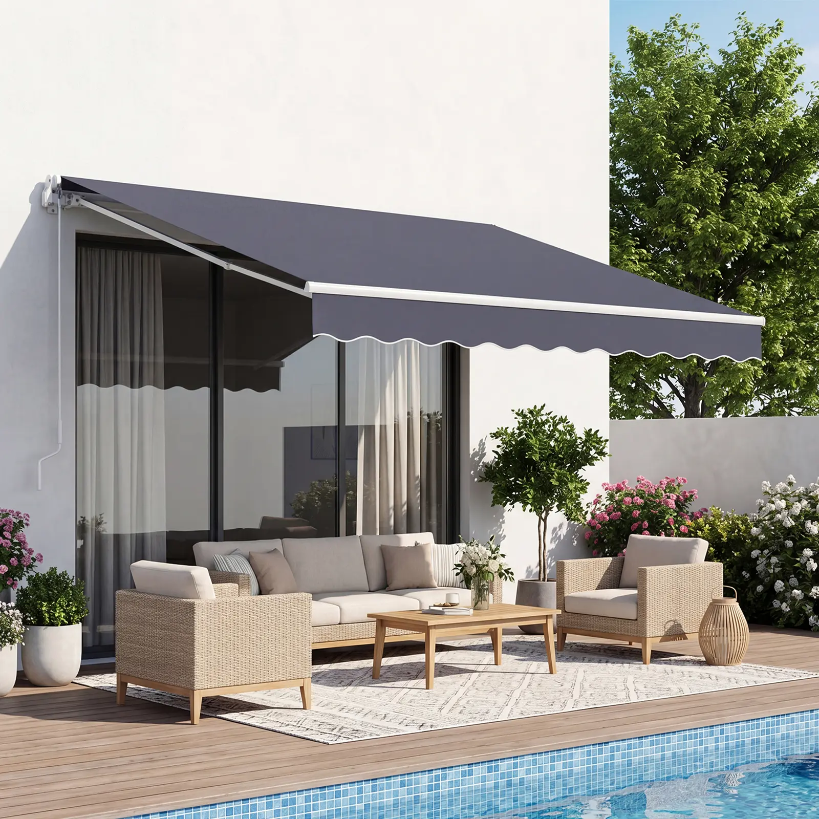 【SummerFinds】VEVOR Manual Retractable Awning, 8.2' x 6.6' Outdoor Patio Awning Retractable Sun Shade, Patio Door Window Water-Resistant Polyester Sunshade Shelter with Crank Handle for Deck, Balcony, Yard, Gray