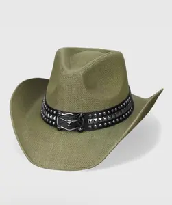 Metal Steer Head Buckle Faux Leather Cowboy Hat