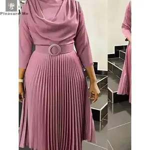 European and American Autumn New Foreign Trade Women's Fashion African Plus Size Solid Color Pleated Foreign Trade Dress