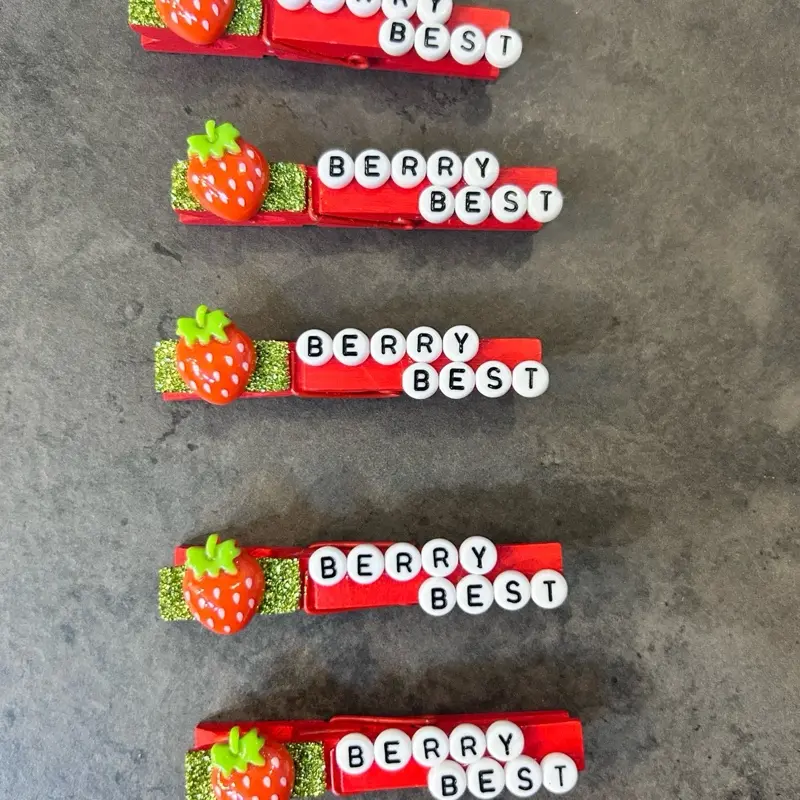 Berry Best Sports Clips for Softball ,volleyball  or cheer. Handcrafted Wooden Clothespins with Glitter & Plastic Charms - Perfect for Gymnastics, soccer, Basketball or any event! Set of 5 pins!