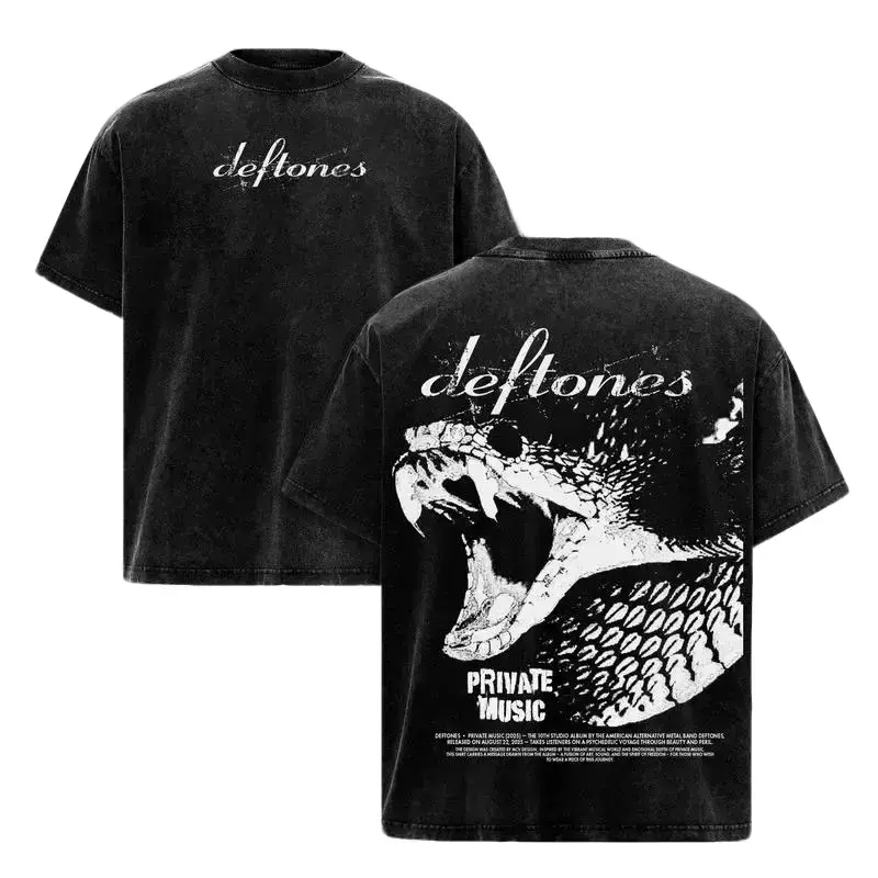 Deftones Private Music Vintage Washed Tee – Heavy Cotton Double Sided Band Graphic T-Shirt, Rock Metal Streetwear Unisex Oversized Shirt Casual Crewneck