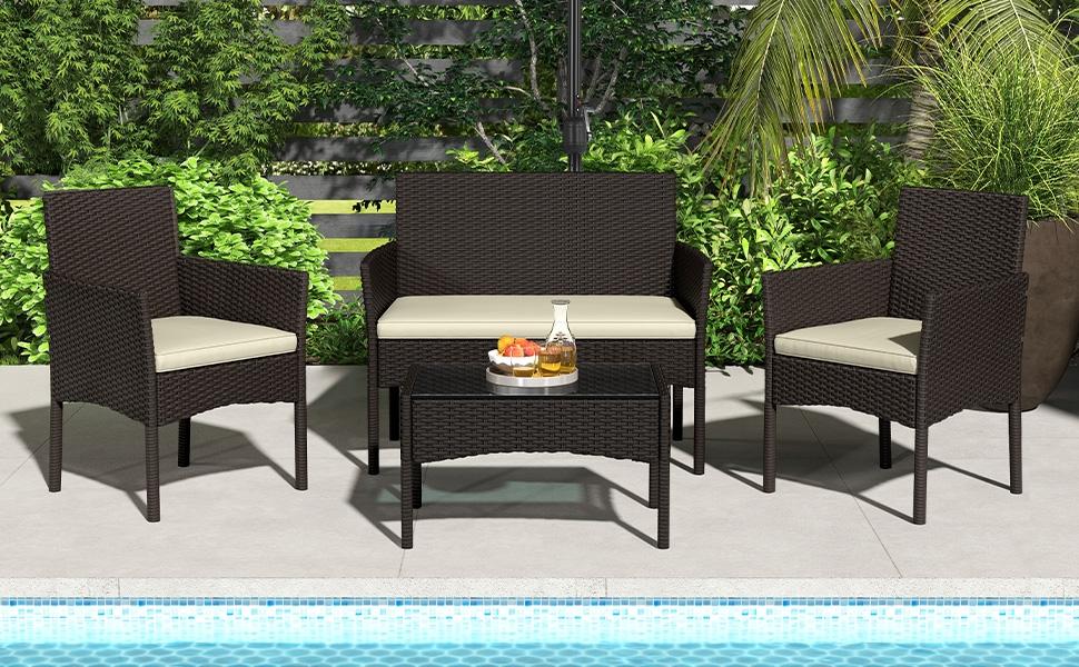【Crazy Price】Yaheetech 4-Piece Patio Furniture Set Hand-Woven PE Rattan Conversation Set with Soft Cushions & Tempered Glass Table for Backyard Garden Poolside