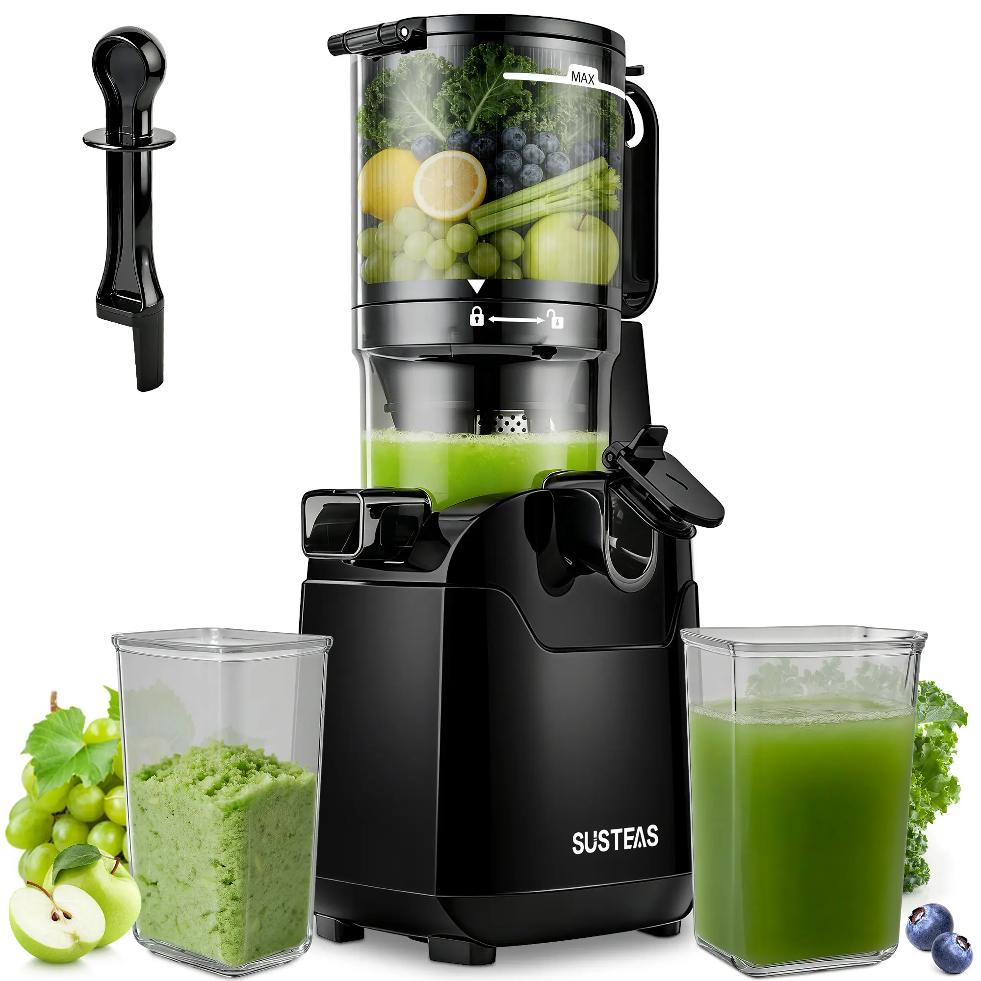 SUSTEAS 5.8” Wide Chute Cold Pressed Juicer Machine - 250W Powerful Juicer, 40 RPM Slow Masticating, 99% Yield, 64oz Capacity, Whole Fruit/Citrus Juicing, Nutrient-Lock Tech, Heavy-Duty Motor, for Green Juices & Glowing Skin, Kitchen Appliance, Citrus Jui