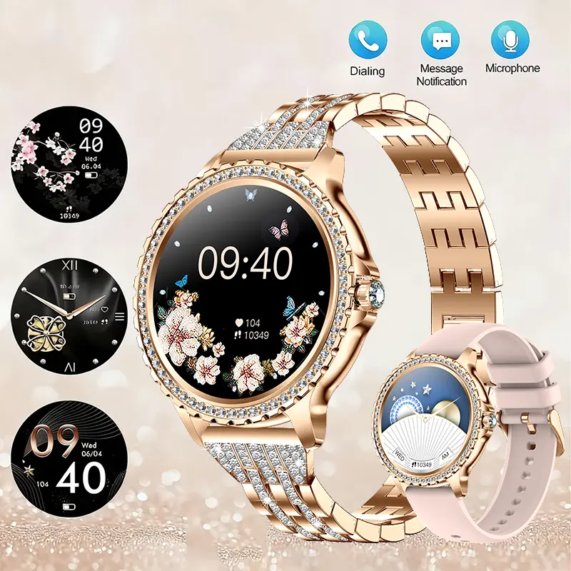 2026 New Rose Gold Women’s Smart Watch with Diamond-Studded Dial & Strap, IP68 Waterproof, 1.32” HD Full Touchscreen, Bluetooth Call Answer or Reject, Sleep & Step Tracker, 100+ Sport Modes, AI Voice Assistant, USB Charging, Extra Strap