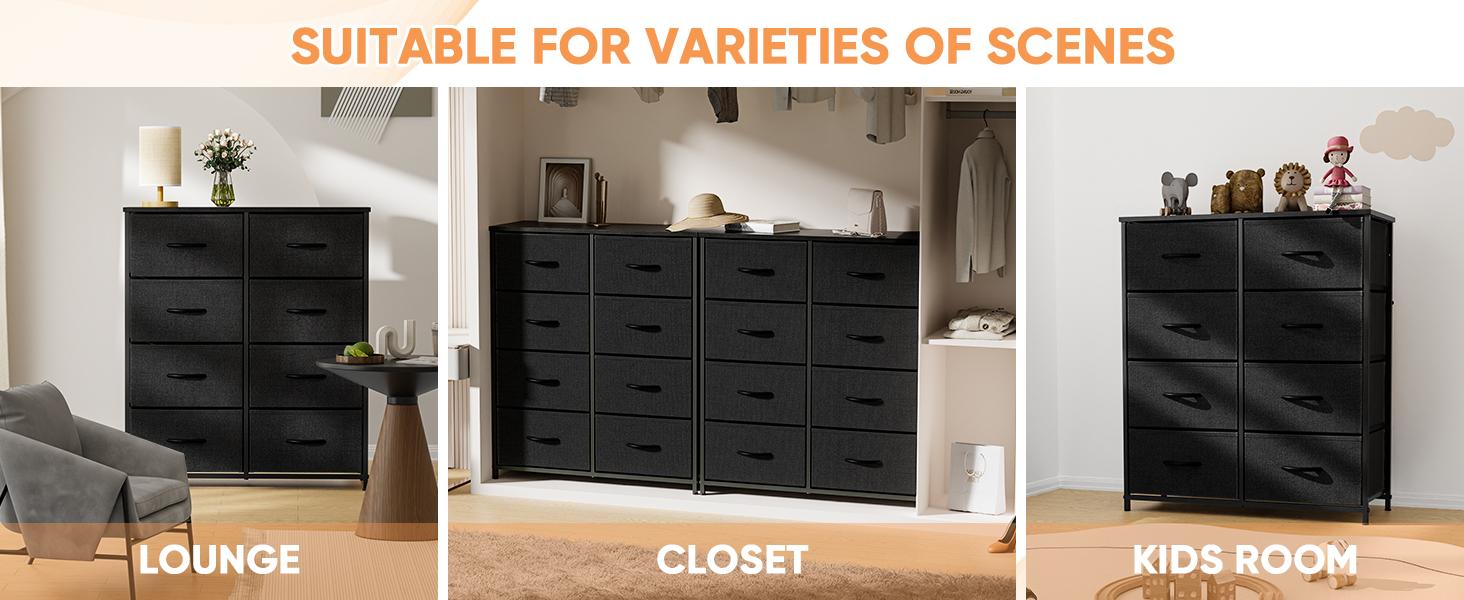 Dresser for Bedroom with 8 Fabric Drawers, Tall Chest Organizer Units for Clothing, Closet, Kidsroom, Storage Tower with Cabinet, Metal Frame, Wooden Top, Lightweight Nursery Furniture