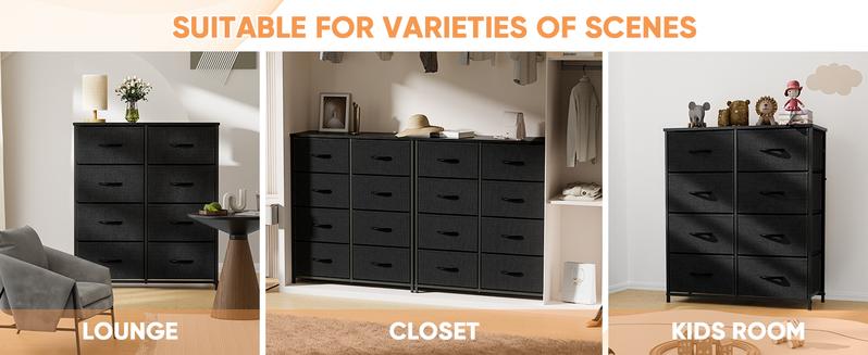Dresser for Bedroom with 8 Fabric Drawers, Tall Chest Organizer Units for Clothing, Closet, Kidsroom, Storage Tower with Cabinet, Metal Frame, Wooden Top, Lightweight Nursery Furniture