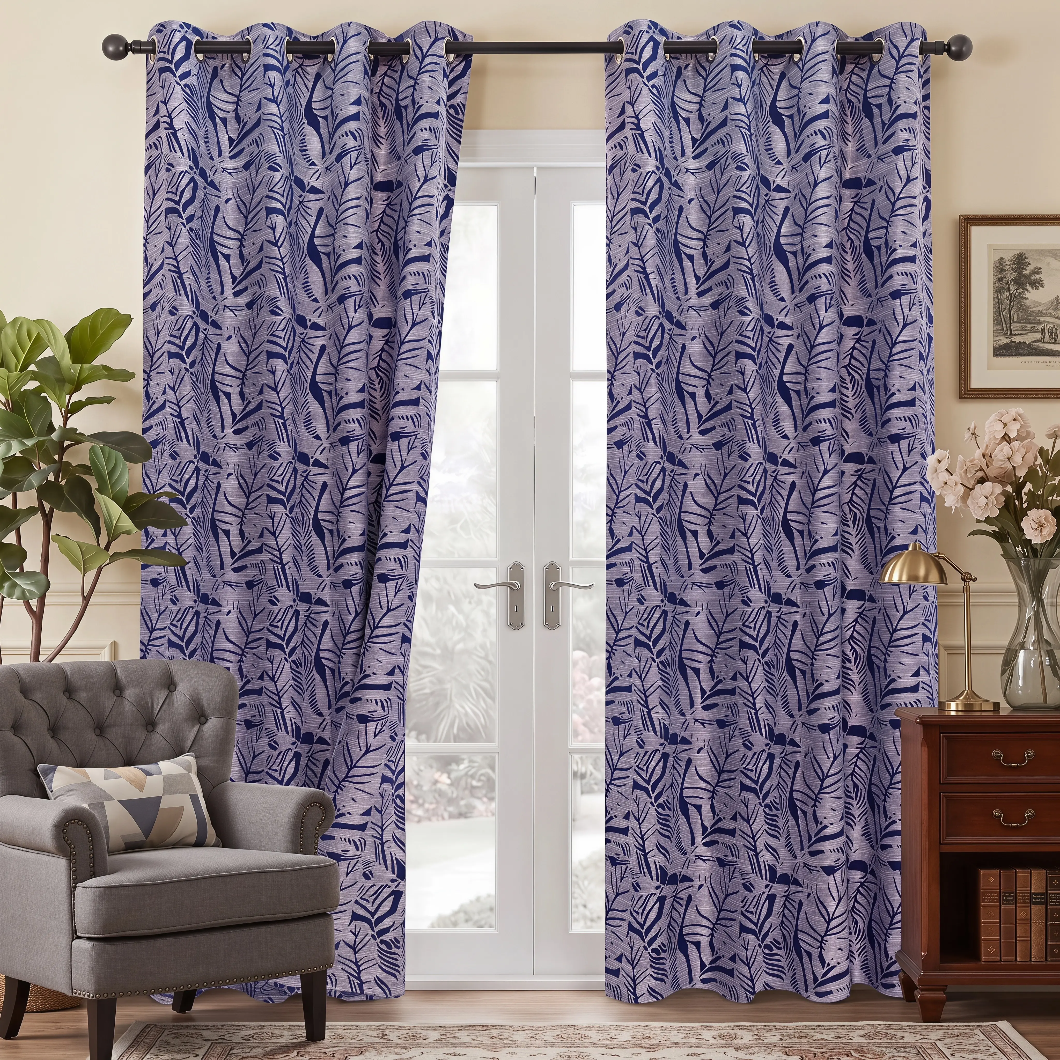 2-Panel Slub Linen Bouclé Palm Leaf Jacquard Grommet Curtains, Flat Weave Textured Sound Proof Light Filtering Drapes for Coastal Farmhouse Bedroom Decor, Indoor Use Multi-Size Window Treatments, Flowers, Polyester