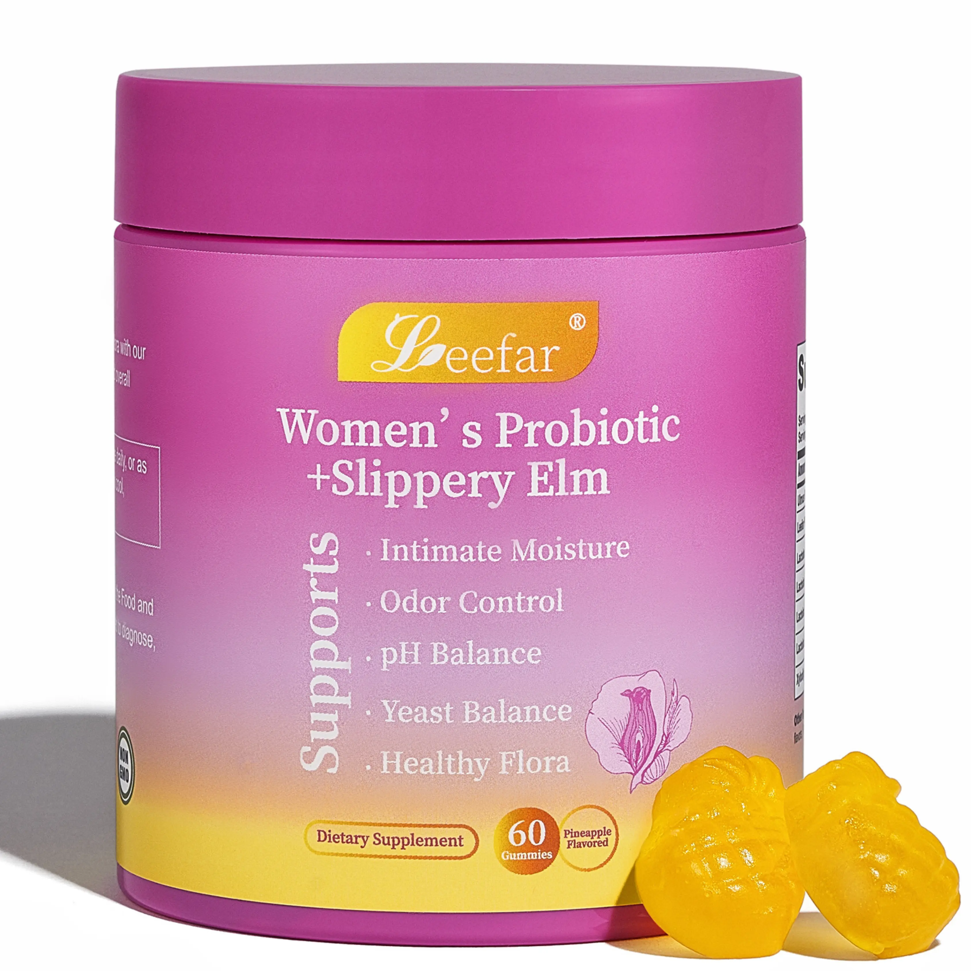 LEEFAR Her Juicy Feminine Probiotics Gummies- All in One Solution with Slippery Elm and Prebiotics&Lactobacillus Probiotic Blend for Women’s pH Balance and Dryness - Hawaiian Pineapple Gummies 60 Count probiotics women